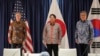 토니 블링컨 미국 국무장관(왼쪽부터)과 하야시 요시마사 일본 외무상, 박진 한국 외교장관이 지난 14일 아세안 회의가 열리고 있는 인도네시아 자카르타에서 회담했다.