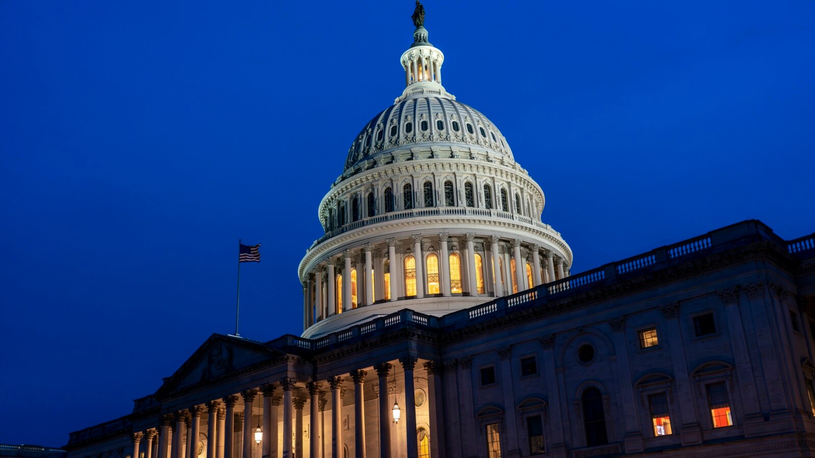 FILE - The lights are on at the US Capitol in Washington on late Feb. 9, 2024, as the Senate settles in for a rare weekend session to work on a package of wartime funding for Ukraine, Israel and other US allies.