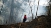 A volunteer of the Central University of Venezuela firefighter brigade battles a wildfire in the Henri Pittier National Park in Maracay, Venezuela, March 29, 2024. 