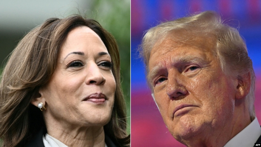 Esta composición muestra a la vicepresidenta de EEUU, Kamala Harris, en el jardín sur de la Casa Blanca el 22 de julio de 2024, y al expresidente y candidato presidencial republicano para 2024, Donald Trump, en Milwaukee, Wisconsin, el 18 de julio de 2024.