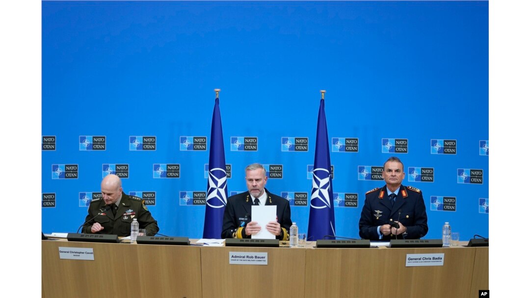 Chair of the NATO Military Committee Admiral Rob Bauer, center, Supreme Allied Commander Europe, General Christopher Cavoli, left, and Supreme Allied Commander Transformation General Chris Badia prepare to talk to the press in Brussels, Jan. 18, 2024.