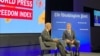 U.S. Secretary of State Antony Blinken, right, and Washington Post columnist David Ignatius speak at a Washington Post-sponsored Press Freedom Day event in Washington, May 3, 2023. (Liam Scott/VOA)
