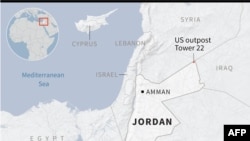 Mapa de localização do posto avançado americano Torre 22 na Jordânia, onde três soldados americanos foram mortos num ataque com drones no domingo.