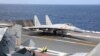 資料照：中國軍隊在台灣週邊海域舉行軍演，一架殲-15戰機準備從山東號航母上起飛。 （2023年4月9日）