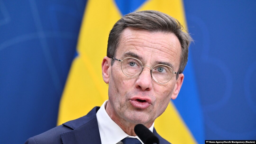 Swedish Prime Minister Ulf Kristersson speaks in Stockholm, Sweden, Oct. 12, 2023. A day later, he said Sweden has done all it can to satisfy an agreement with Turkey that will secure Sweden's path to NATO membership. (TT News Agency/Henrik Montgomery via Reuters)