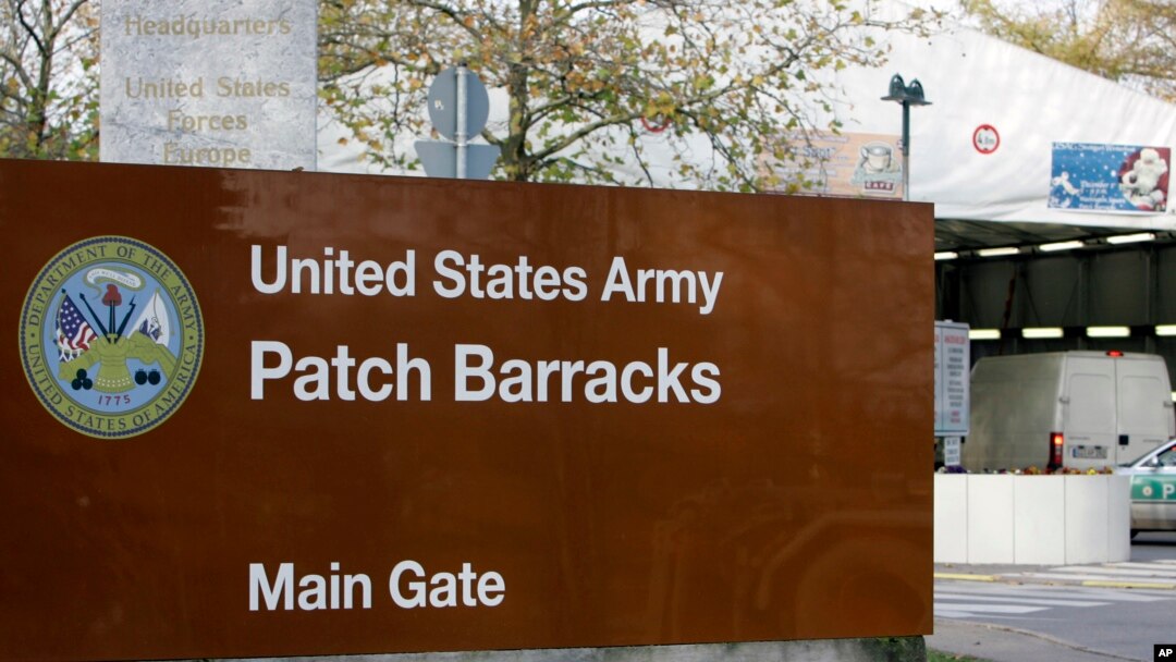 FILE - The main entrance for the U.S. Army Patch Barracks in Stuttgart, Germany, Nov. 28, 2006, where the headquarters of the U.S. European Command is located. The U.S, military has raised the security protection measures it is taking at its bases throughout Europe. 