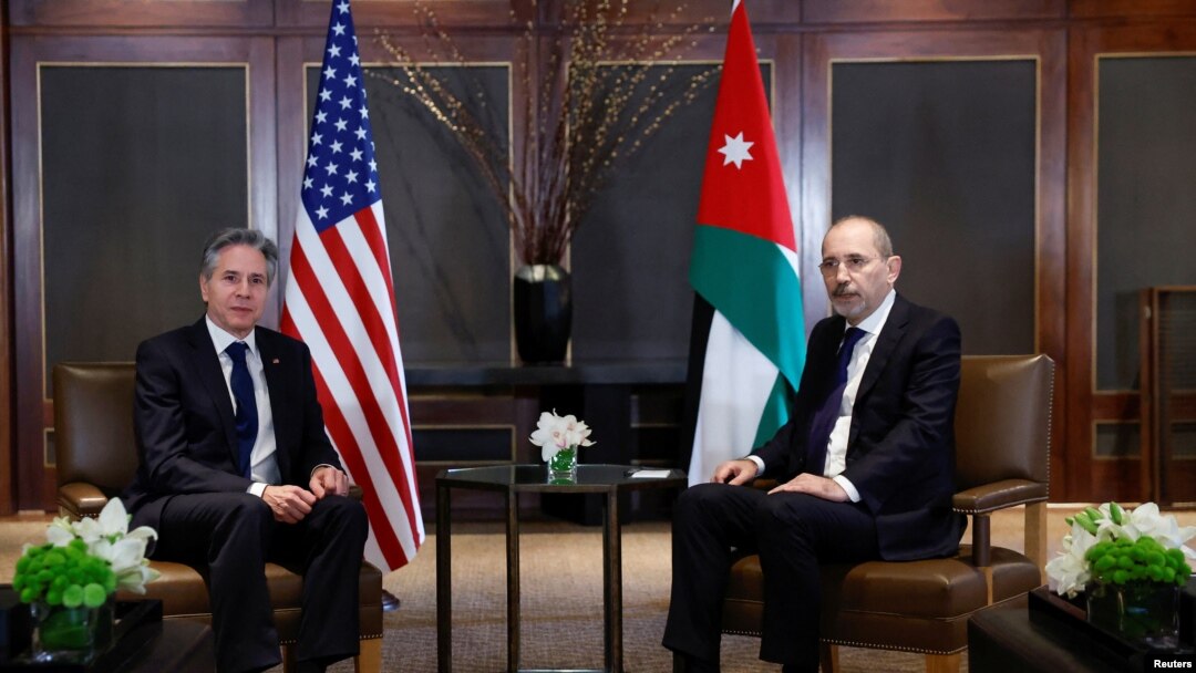 US Secretary of State Antony Blinken meets with Jordanian Foreign Minister Ayman Safadi, during Blinken's week-long trip aimed at calming tensions across the Middle East, in Amman, Jordan, Jan. 7, 2024. 