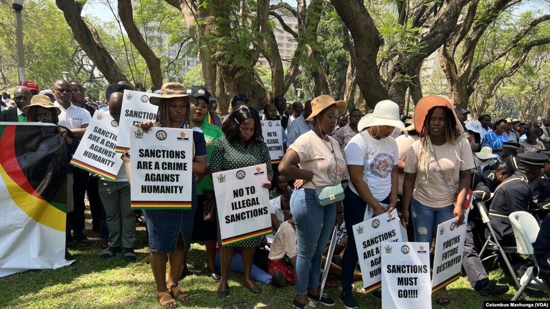 Zimbabweans protest to call for the removal of sanctions, Oct. 25, 2023, in Harare, Zimbabwe.