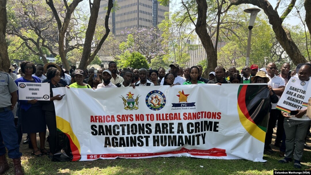 Many Zimbabweans believe sanctions imposed on their leaders by some Western countries are hurting the country's economy. They have been calling for the sanctions' removal with protests such as this one on Oct. 25, 2023 in Harare, Zimbabwe.