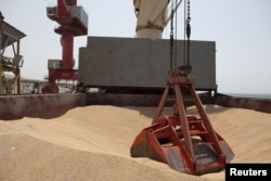 FILE - Wheat grain is seen on the MV Brave Commander vessel from Yuzhny Port in Ukraine to the drought-stricken Horn of Africa as it docks in Djibouti, Aug. 30, 2022. (Hugh Rutherford/World Food Program)
