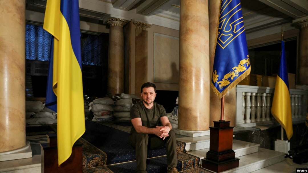Ukrainian President Volodymyr Zelenskyy poses after an interview with Reuters in Kyiv, Ukraine, March 1, 2022. 