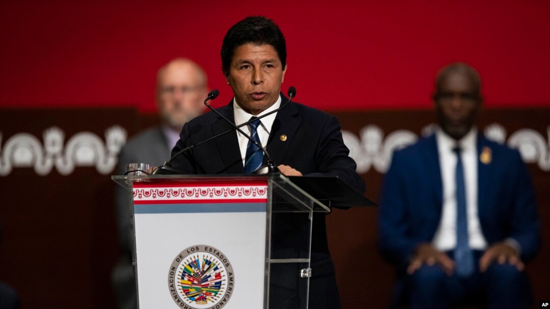 El presidente peruano, Pedro Castillo, toma la palabra durante la apertura de la 52ª Asamblea General de la OEA en Lima, el 5 de octubre de 2022.