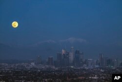 The new year's first moon rises over the Los Angeles skyline on Friday, Jan. 6, 2023. (AP Photo/Damian Dovarganes)