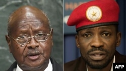 Presidente Yoweri Museveni (esq), líder da oposição Bobi Wine, candidatos à eleição de 14 Janeiro 2021, no Uganda