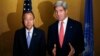 U.S. Secretary of State John Kerry, right, and U.N. Secretary General Ban Ki-Moon make statements to reporters in Cairo, Egypt, July 21, 2014. 