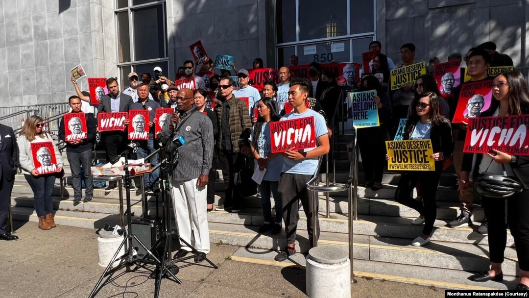 Ratanapakdee’s family and supporters held a rally outside the Hall of Justice in San Francisco, CA, during a preliminary hearing for Antoine Watkins, the suspected of pushing over and killing Vicha Ratanapakdee, on June 14, 2022. The 84-year-old grandfat