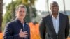 California Governor Gavin Newsom, left, has announced a new private sector initiative called LA Rises to be co-chaired by basketball legend Earvin "Magic" Johnson, and aimed at supporting rebuilding efforts after the devastating wildfires in Los Angeles, Jan. 28, 2025.