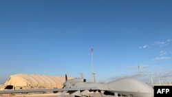 A picture taken on Jan. 13, 2020, during a press tour organized by the U.S.-led coalition fighting the remnants of the Islamic State group shows U.S. Army drones at the Ain al-Asad airbase in the western Iraqi province of Anbar.