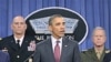 President Barack Obama speaks about defense strategic guidance, with, from left, Army Chief of Staff Gen. Raymond T. Odierno and Marine Corps Commandant Gen. James F. Amos (R), at the Pentagon, January 5, 2012.