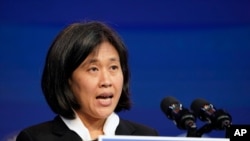 FILE - In this Dec. 11, 2020, photo, Katherine Tai, the Biden administration's choice to take over as the US trade representative, speaks during an event at The Queen theater in Wilmington, Del.
