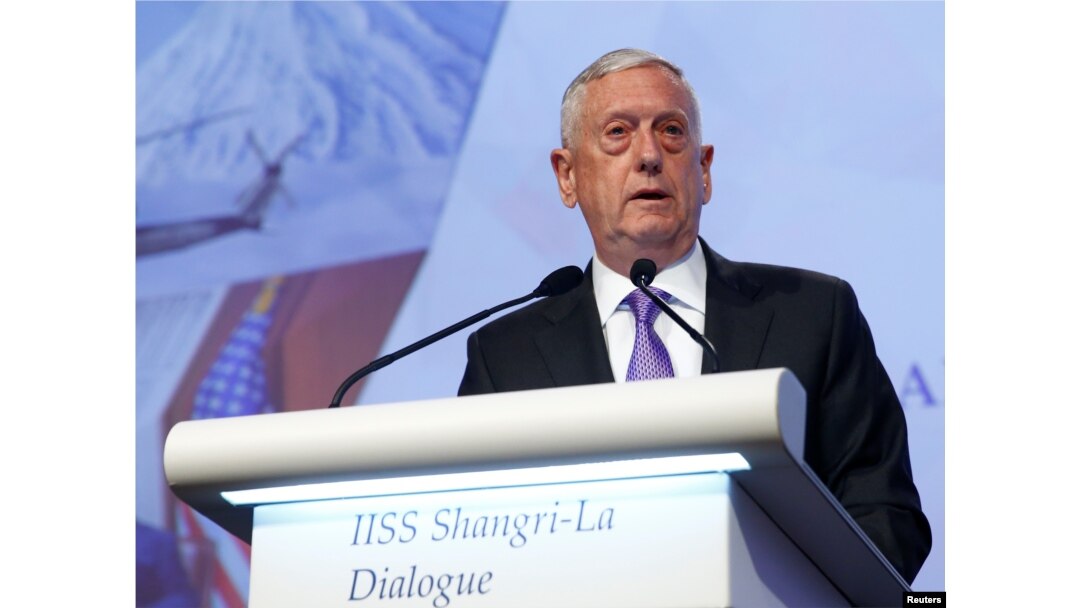 U.S. Secretary of Defense James Mattis speaks at the 16th IISS Shangri-La Dialogue in Singapore, June 3, 2017.