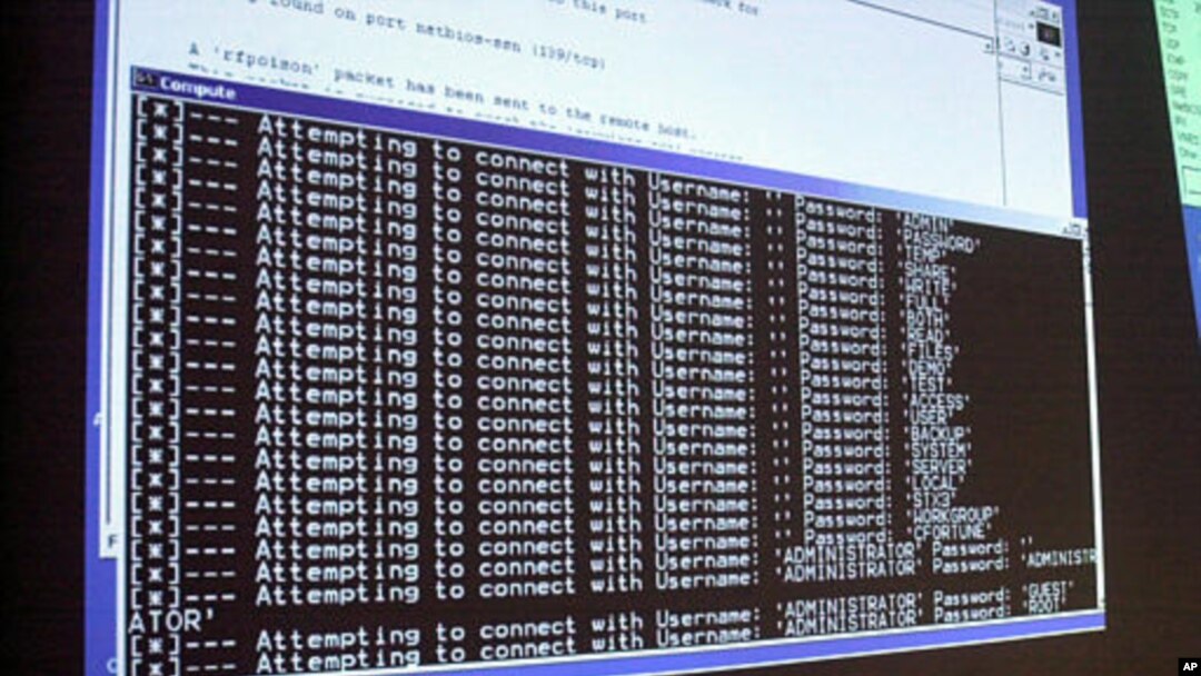 Computer screen shows a password attack in progress at computer security training program in Northfield, Vermont.
