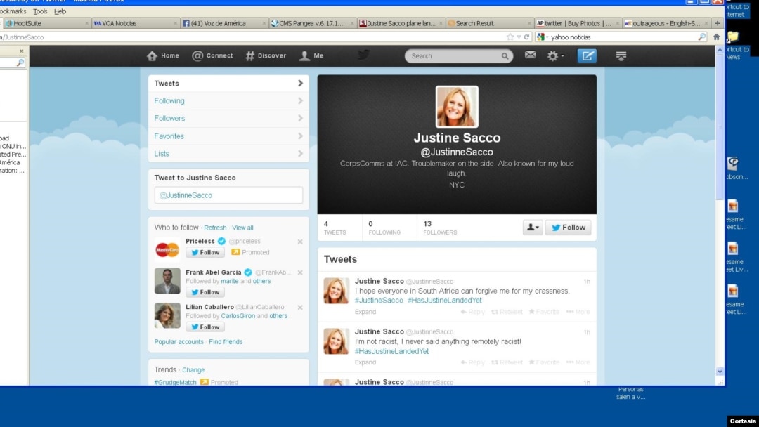 La ejecutiva Justine Sacco escribió un tuit de 53 caracteres que le costaron su trabajo.[Foto: Cortesía, cuenta de Twitter Justine Sacco].