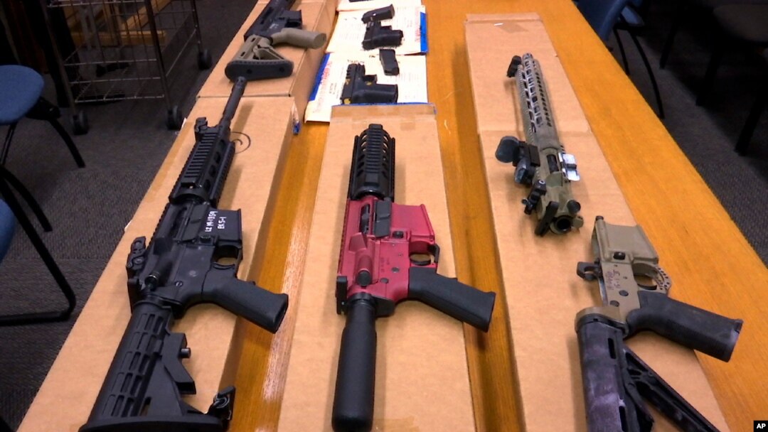 FILE - "Ghost guns" are on display at the San Francisco Police Department headquarters in this November 2019 photo. President Biden is expected to announce tighter regulations requiring buyers of ghost guns to undergo background checks, sources say.