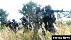 미국과 한국 해병대원들이 지난 2016년 10월 백령도에서 합동전술훈련을 하고 있다. (자료사진)