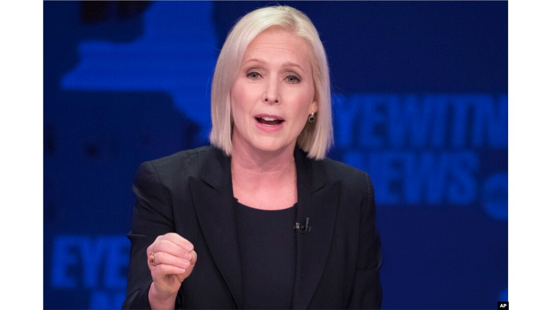 FILE - Sen. Kirsten Gillibrand, D-N.Y., speaks during the New York Senate debate hosted by WABC-TV, in New York, Oct. 25, 2018.