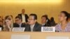 지난 2015년 9월 스위스 제네바 유럽 유엔본부에서 열린 유엔 인권이사회 북한 인권 패널 토론회에서 북한 최명남 주 제네바 주재 차석대사(가운데)가 발언하고 있다. (자료사진) 