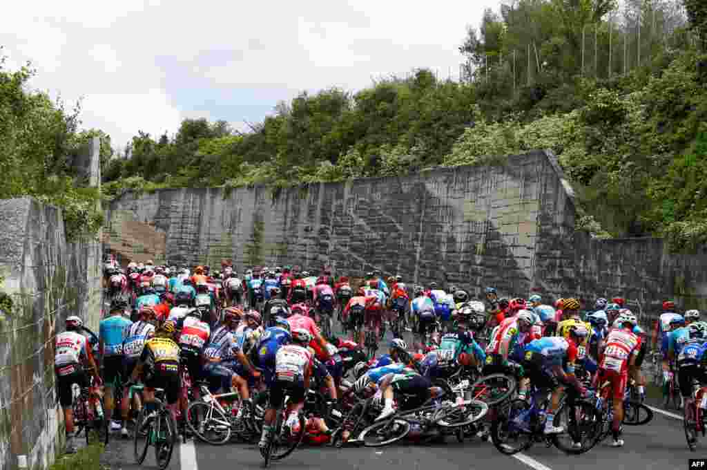 Riders crash during stage six of the 102nd Giro d'Italia - Tour of Italy - cycle race, 238kms from Cassino to San Giovanni Rotondo.