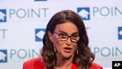 FILE - Caitlyn Jenner speaks on stage during the Voices on Point Gala at the Hyatt Regency Century City.