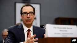 美國財政部長努欽在國會山就特朗普總統提出的2020財政年度預算向眾議院撥款小組委員會作證。（2019年4月9日）