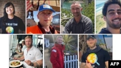 equipa da World Central Kitchen (topo E. para D): australiano Lalzawmi (Zomi) Frankcom, Polaco Dami Sobol, Britânico James Kirby, Palestinian Saifeddin Issam Ayad Abutaha, (baixo E. para D) Britânico James (Jim) Henderson, Britânio John Chapman, US-Canadiano Jacob Flickinger