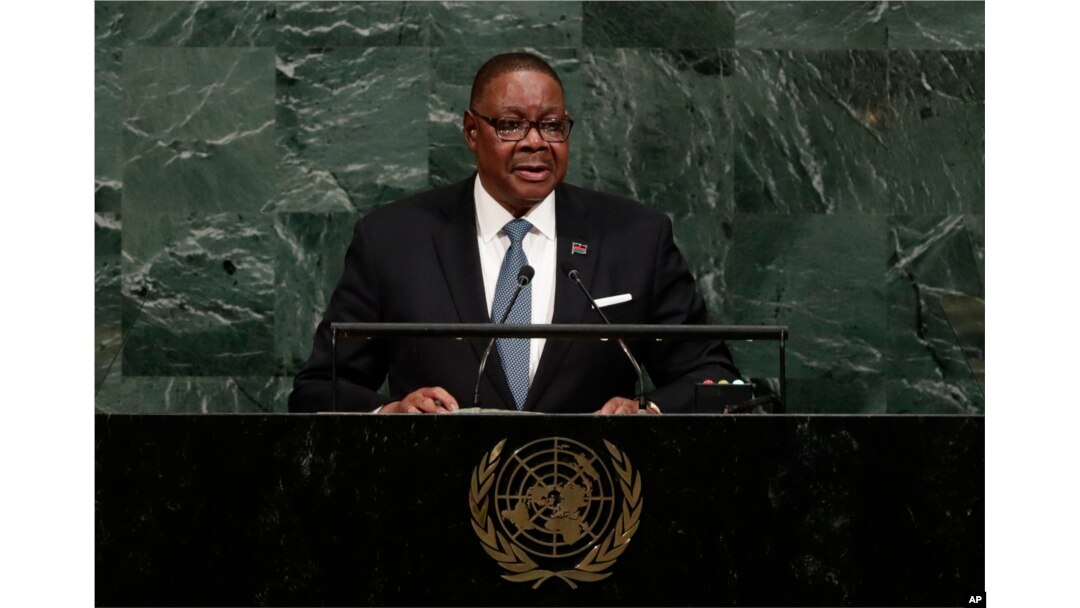 Malawi's President Arthur Peter Mutharika addresses the United Nations General Assembly, Sept. 20, 2017.