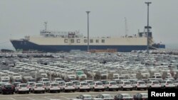 辽宁省大连市一个港口排满了刚刚制造出的汽车。(2012年6月10日)