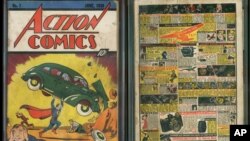 Image provided by Metropolis Collectibles/ComicConnect, Corp., shows the front and back cover of 'Action Comics No. 1' from 1938, featuring the debut of Superman.