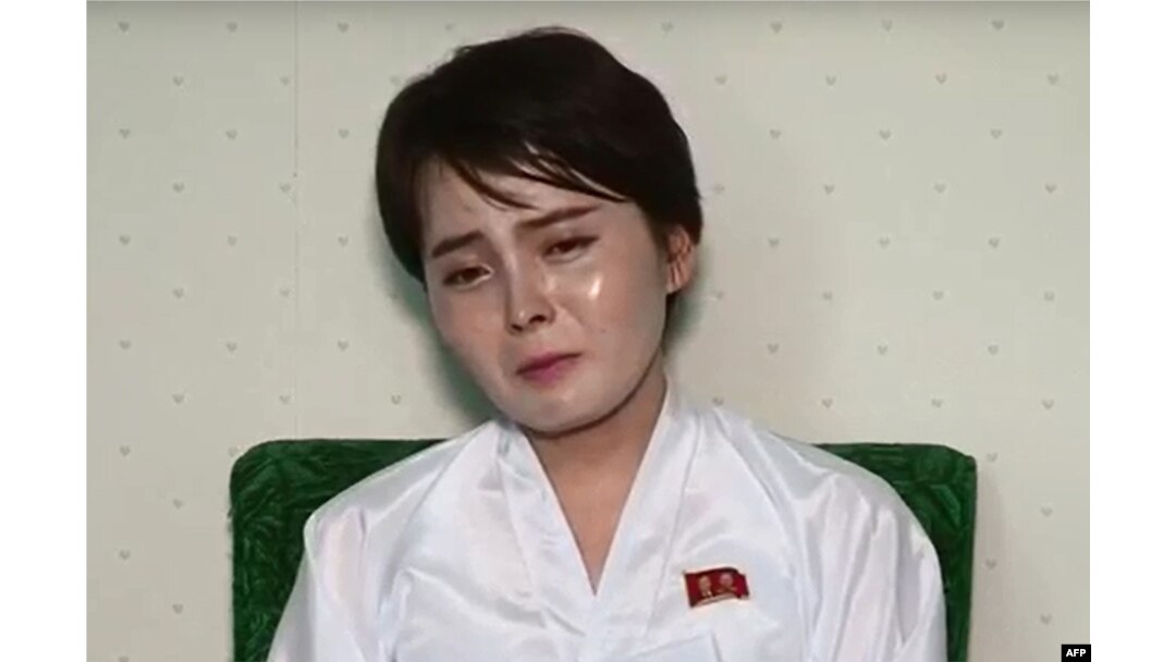 This undated screen grab taken on July 19, 2017, from video posted by www.uriminzokkiri.com shows North Korean defector Lim Ji-Hyun, who appeared in several South Korean TV shows featuring North Korean refugees after settling in Seoul in 2014, speaking on North Korean propaganda television at an unknown location in the North.