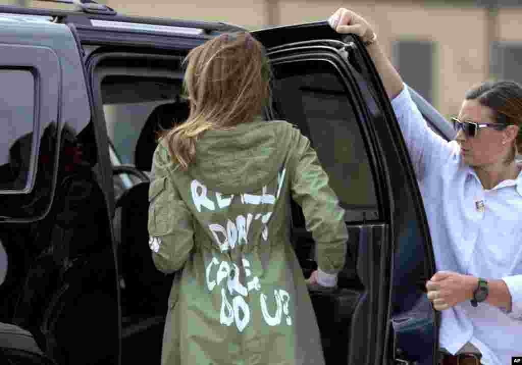 First lady Melania Trump arrives at Andrews Air Force Base, Md., June 21, 2018, after visiting the Upbring New Hope Children Center in McAllen, Texas. The first lady's team insisted that there was no hidden meaning behind the wording on the back of her jacket: "I really don't care. Do U?"