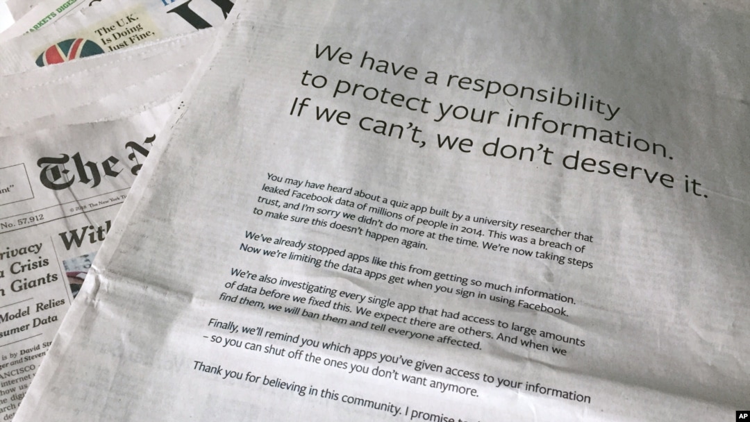 An advertisement in The New York Times is displayed on Sunday, March 25, 2018, in New York. Facebook’s CEO apologized for the Cambridge Analytica scandal with ads in multiple U.S. and British newspapers Sunday.
