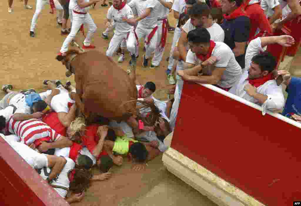 A heifer jumps over revelers at the bullring during festivities of the San Fermin festival in Pamplona, northern Spain, July 12, 2018.