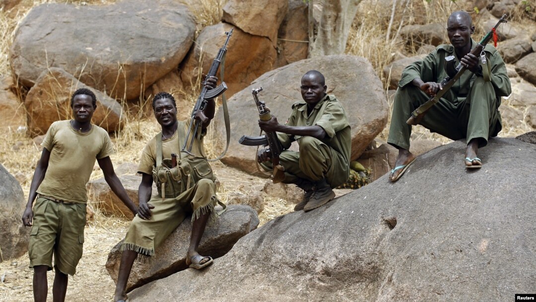 SPLA-North rebel fighters pictured near Jebel Kwo village in rebel-held territory in South Kordofan on May 2, 2012. 