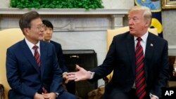 美国总统川普在白宫椭圆形办公室会晤到访的韩国总统文在寅。（2018年5月22日）