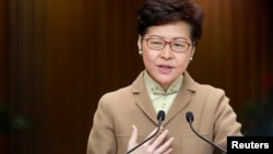 香港行政長官林鄭月娥2020年1月7日在記者會上講話。