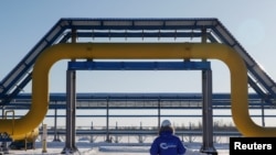FILE PHOTO: An employee walks past a part of Gazprom's Power Of Siberia gas pipeline at the Atamanskaya compressor station outside the far eastern town of Svobodny