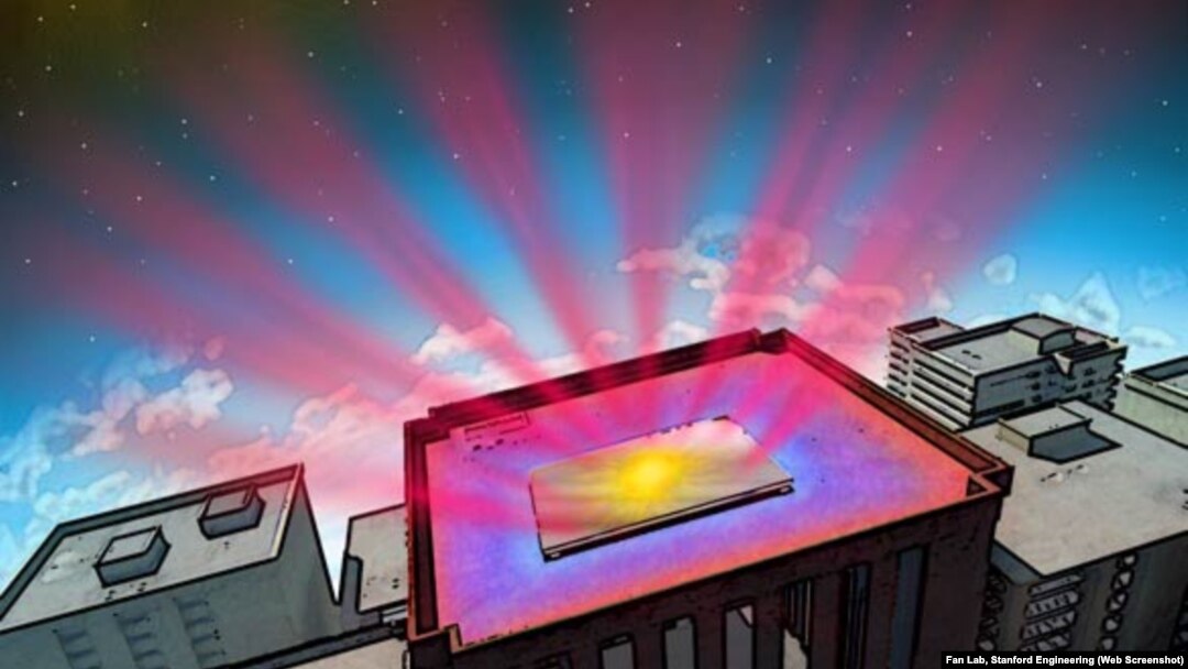 ILLUSTRATION cutline In this illustration the reflective panel is coated with a material invented by Stanford engineers. They designed it to help cool buildings without air conditioning. The material works in two ways. It reflects incoming sunlight (yello
