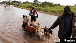 Wani mutum da awakinsa yana ficewa daga wani yanki da ambaliyar ruwa ta daidaita a Sudan Ta Kudu