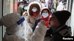 河北省石家莊一名身穿防護服的醫護人員在給居民做病毒核酸檢測。（2021年1月6日）