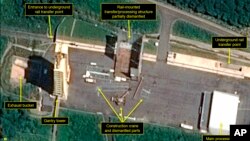 2018年7月22日的衛星圖片顯示北韓西海衛星發射中心的一個引擎測試架部份拆除。